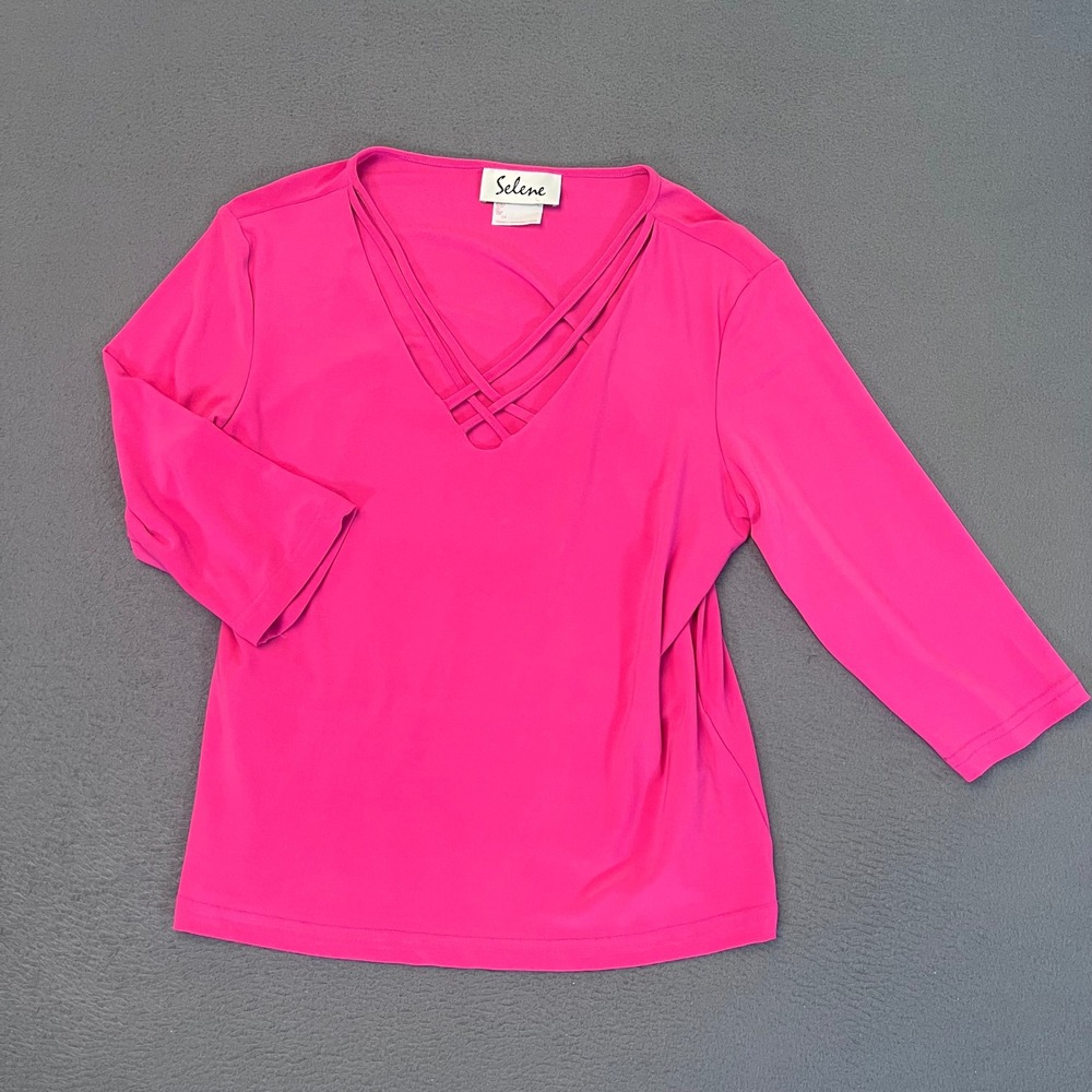 Selene Hot Pink Strappy Lattice V-Neck 3/4 Sleeve Top Large Made in Canada VTG